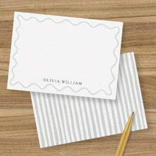 Sage Green Wavy Border Striped Personalized Name Note Card