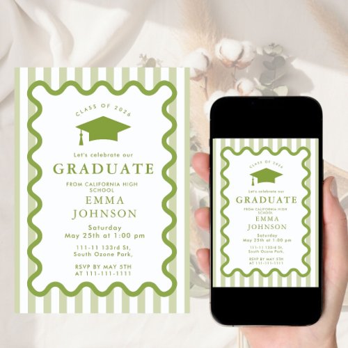 Sage Green  Wavy Elegant Graduation Party  Invitation