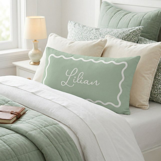 Sage Green Wavy Scallop Frame Monogram Lumbar Pillow (Creator Uploaded)