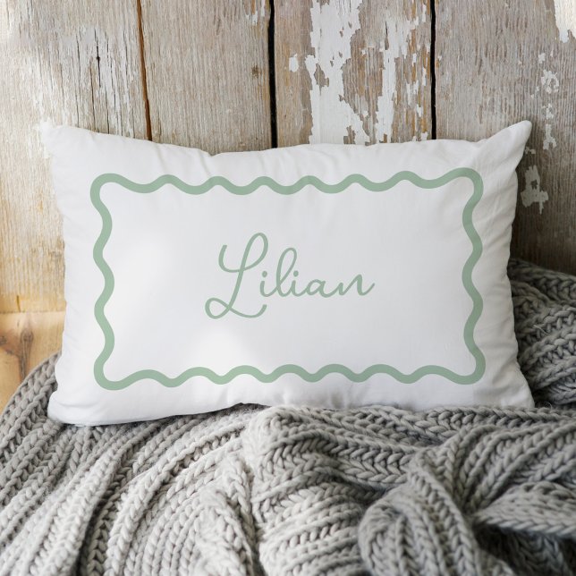 Sage Green Wavy Scallop Frame Monogram Lumbar Pillow (Creator Uploaded)