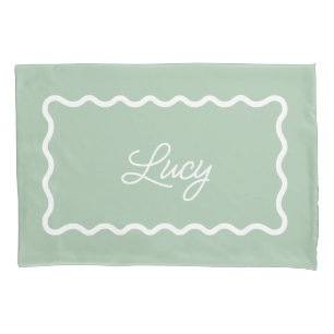 Sage Green Wavy Scallop Frame Monogram Pillow Case