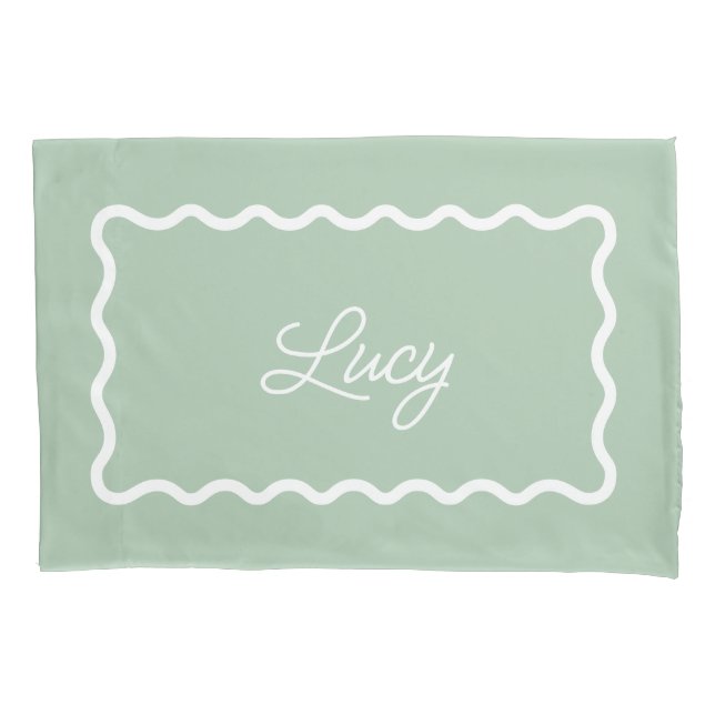 Sage Green Wavy Scallop Frame Monogram Pillow Case (Front)
