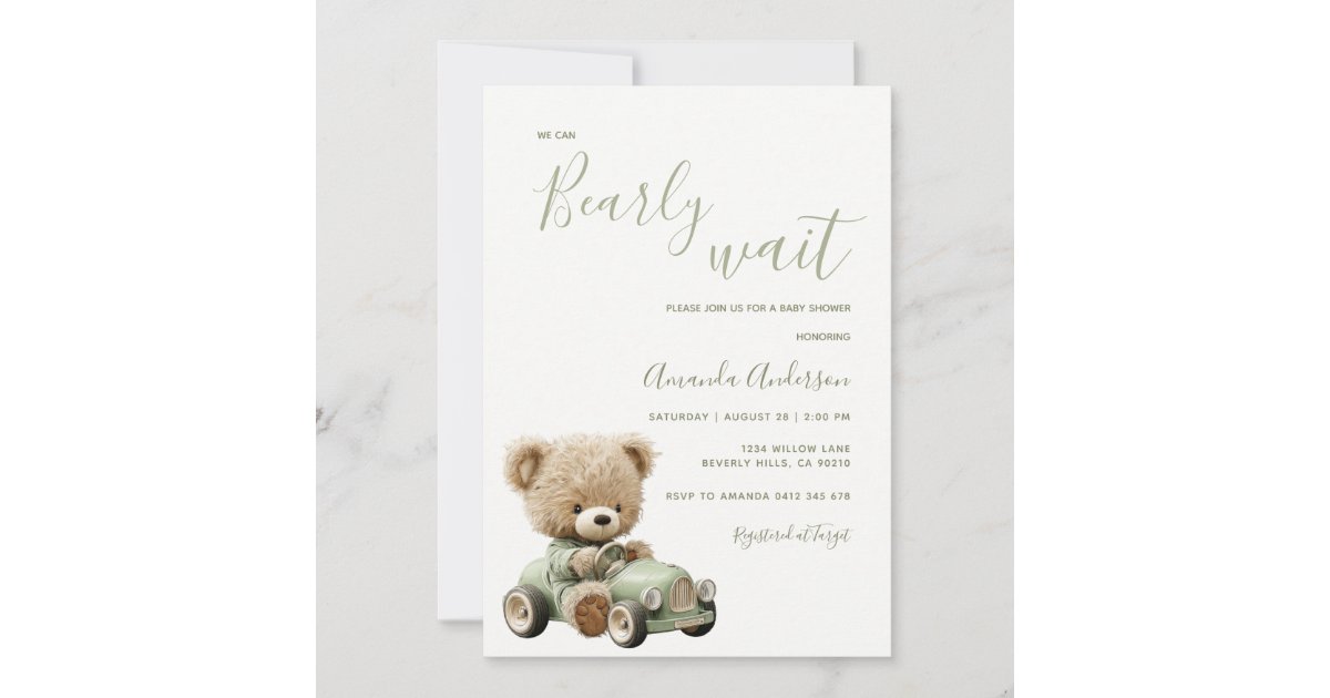 Sage Green We Can Bearly Wait Baby Shower Invitation | Zazzle