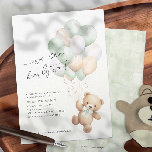 Sage Green We Can Bearly Wait Neutral baby Shower  Invitation