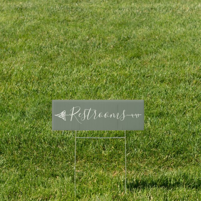 Sage Green Wedding Arrow Direction Small Restrooms Sign (Insitu)