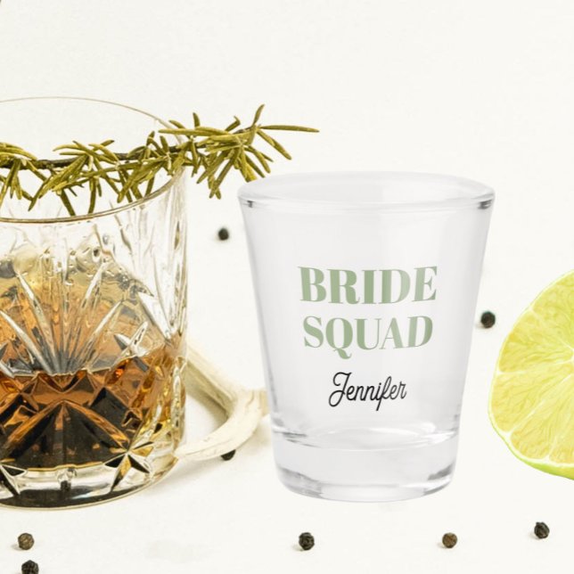 Sage Green Wedding Bride Squad Personalized Shot Glass (In Situ)