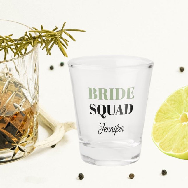 Sage Green Wedding Bride Squad Personalized Shot Glass (In Situ)