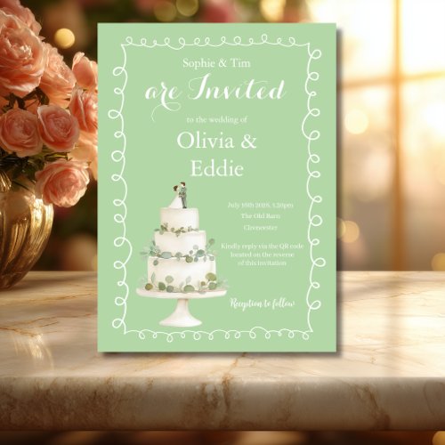Sage Green Wedding Cake QR Code Wedding Invitation