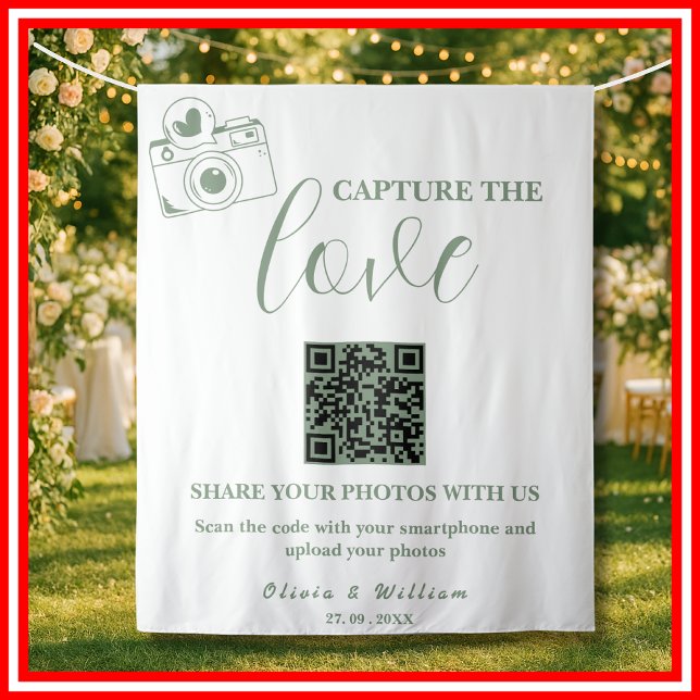 Sage Green Wedding | Capture The Love Sign QR Code Tapestry (Creator Uploaded)