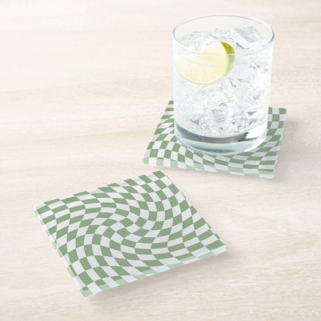 Sage Green Wedding Collection Check Checkered    Glass Coaster (Angled)