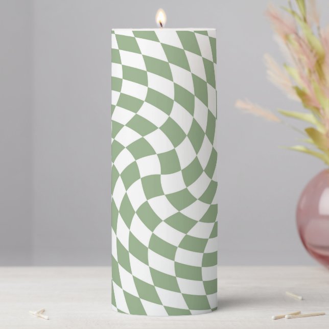 Sage Green Wedding Collection Check Checkered  Pillar Candle (In Situ)
