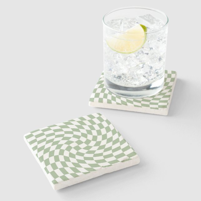 Sage Green Wedding Collection Check Checkered    Stone Coaster (Side)