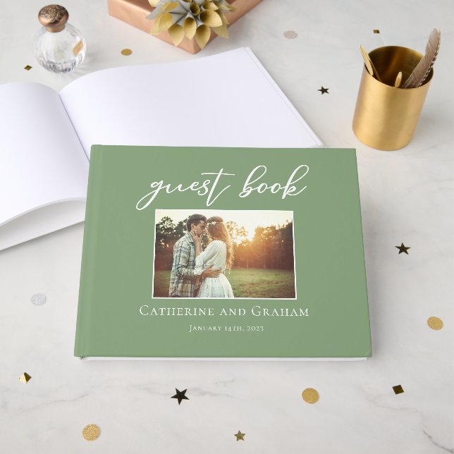 Sage Green Wedding Couple Photo Guest Book (Front Open)