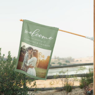 Sage Green Wedding Couple Photo Welcome House Flag