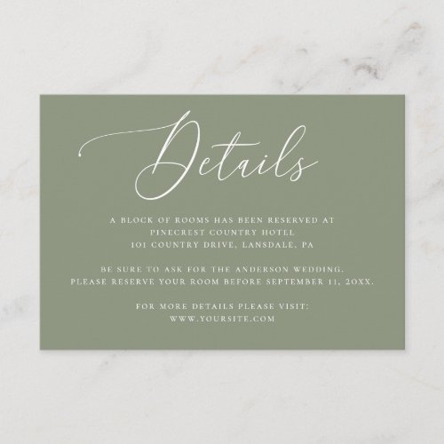 Sage Green Wedding Details | Elegant Accommodation Enclosure Card