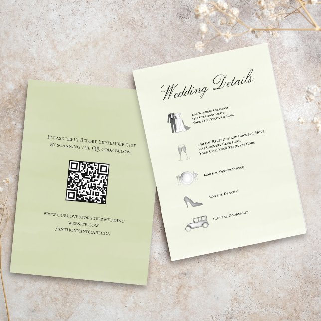Sage Green Wedding Details QR Code Timeline Card (Elegant sage green wedding details card with timeline layout and soft calligraphy script)