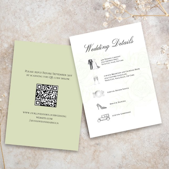 Sage Green Wedding Details QR Code Timeline Enclosure Card (Elegant sage green wedding timeline card with icons and soft botanical background)