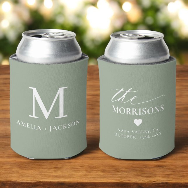 Sage Green Wedding Favor Monogram Name Heart Can Cooler (Creator Uploaded)