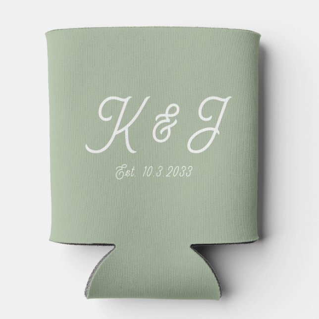 Sage Green Wedding Favor Monogrammed Can Cooler (Back)