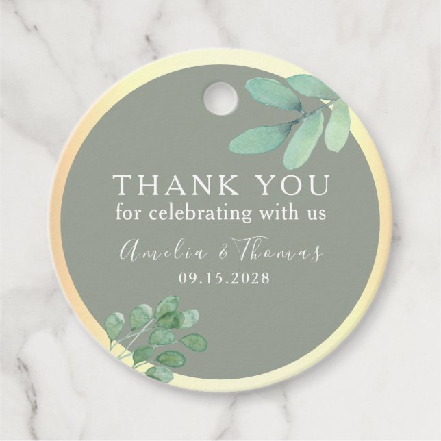 Sage Green Wedding Favor Tag with Greenery (Front)