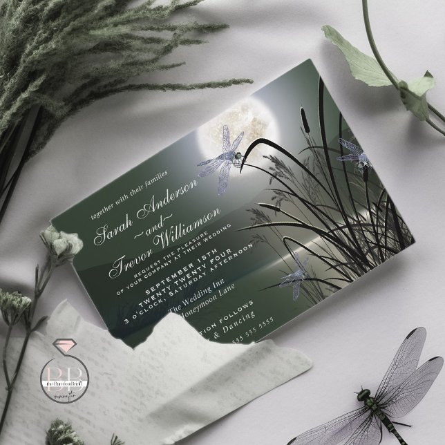 Sage Green Wedding Full Moon Dragonfly Pond Invitation (Creator Uploaded)