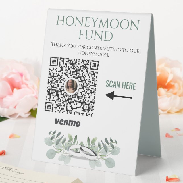 Sage Green Wedding Honeymoon Fund Venmo QR Code Table Tent (In SItu (Wedding))