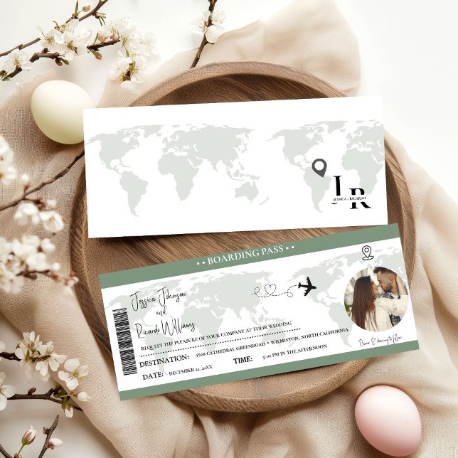 Sage Green Wedding invitation Boarding pass ticket (Creator Uploaded)