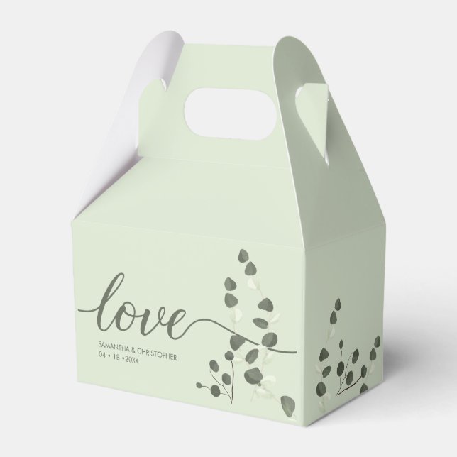 Sage green Wedding Love Script Eucalyptus Custom Favor Boxes (Front Side)