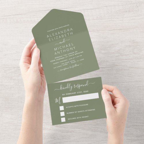 Sage Green Wedding Modern Typography All In One Invitation