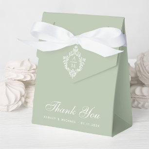 Sage Green Wedding Monogram Crest Thank You Script Favor Boxes