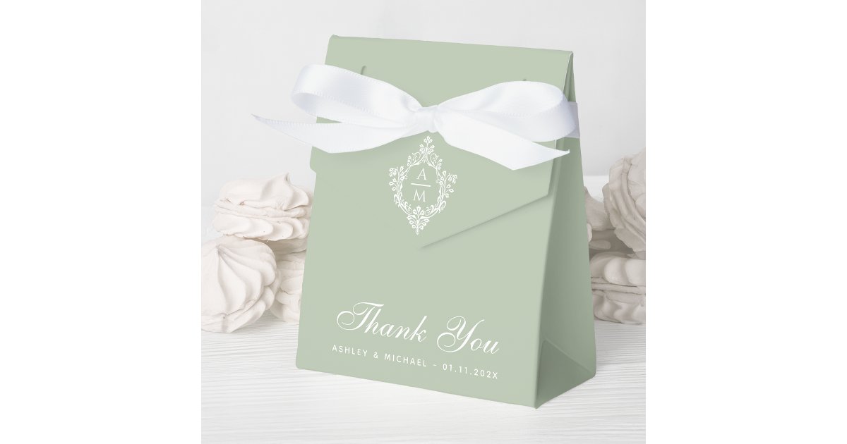 Sage Green Wedding Monogram Crest Thank You Script Favor Boxes | Zazzle