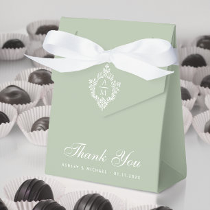Sage Green Wedding Monogram Crest Thank You Script Favor Boxes