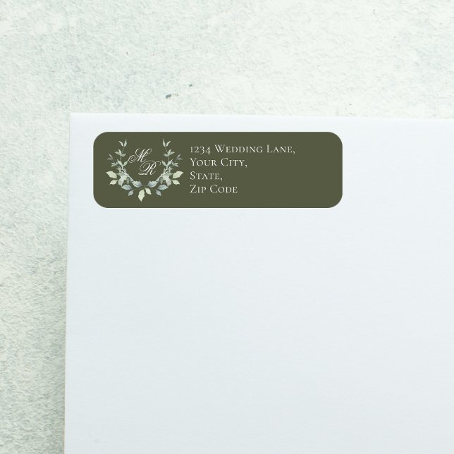 Sage Green Wedding Monogram Floral Script Label (Olive green floral crest monogram label with script text, modern minimalist wedding look)