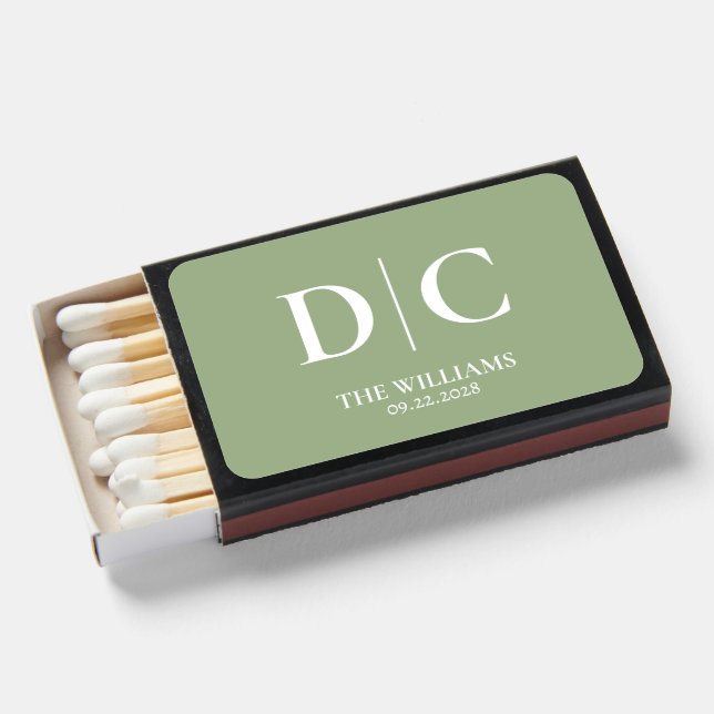 Sage Green Wedding Monogram Matchboxes (Front Open)