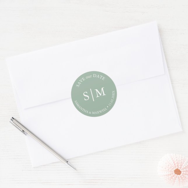 Sage Green Wedding Monogrammed Classic Round Sticker (Envelope)