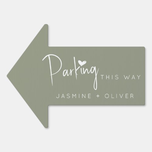 Sage green wedding parking this way arrow sign