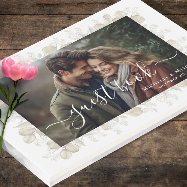 Sage Green Wedding Photo Personalized Guest Book (Wedding guest book with photo template. )