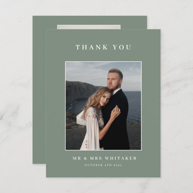 Sage Green Wedding Photo Thank You Card  (Front/Back)