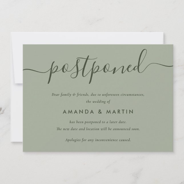 Sage Green Wedding Postponement Announcement (Front)