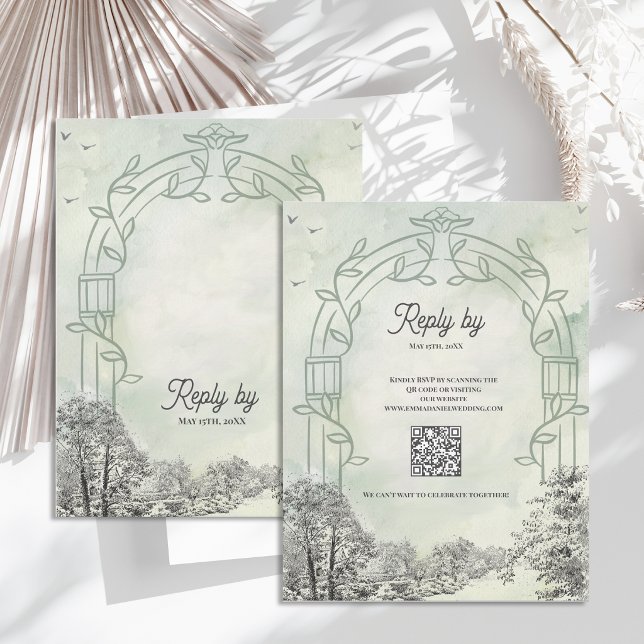 Sage Green Wedding RSVP Card with QR Code (Sage Green Wedding RSVP Card with QR Code | Garden Arch RSVP Insert | Modern Wedding Response Card)