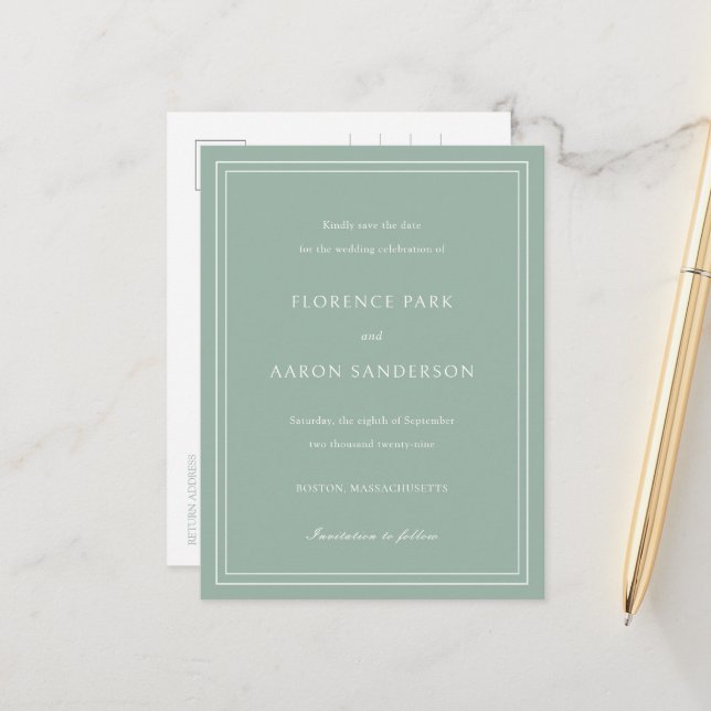 Sage Green Wedding Save the Date Announcement Postcard (Front/Back In Situ)
