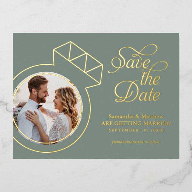 Sage Green Wedding Save the Date Photo Foil Invitation Postcard (Front)