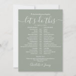Sage Green Wedding Schedule Timeline Card<br><div class="desc">This stylish sage green wedding schedule timeline can be personalized with your wedding details in chic lettering. Designed by Thisisnotme©</div>