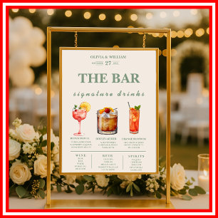 Sage Green Wedding Signature Drinks Bar Menu  Poster