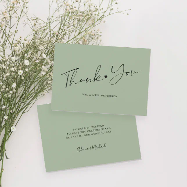 Sage green wedding simple elegant script thank you card | Zazzle