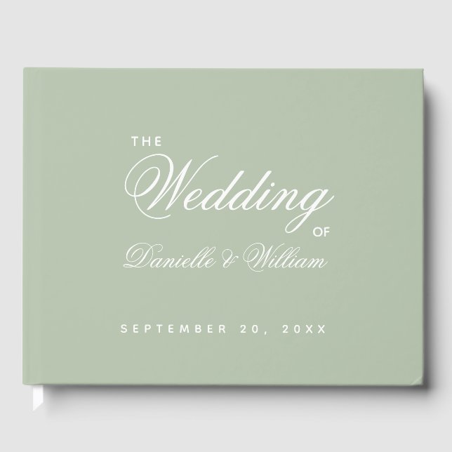 Sage Green Wedding Simple White Script Calligraphy Guest Book (Front)