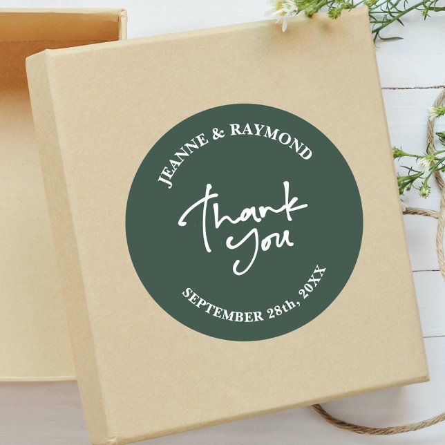 Sage Green Wedding Thank You Calligraphy Favor Classic Round Sticker (Creator Uploaded)