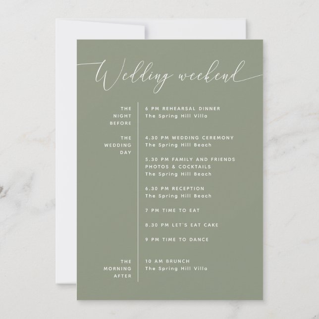 Sage Green Wedding Timeline | Elegant Itinerary Invitation (Back)