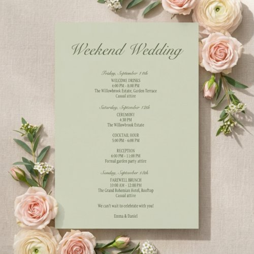 Sage Green Wedding Weekend Itinerary Card