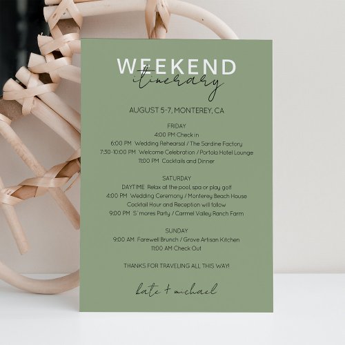 Sage Green Wedding Weekend Itinerary Card